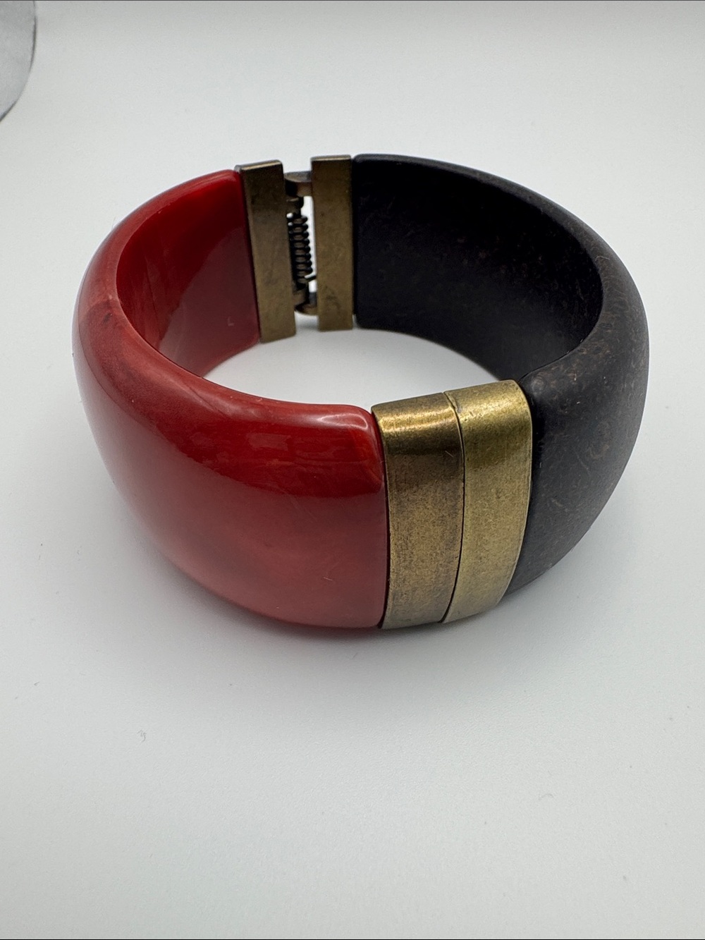 Statement Two-Tone Resin & Brass Cuff Bracelet - Red and Dark Brown